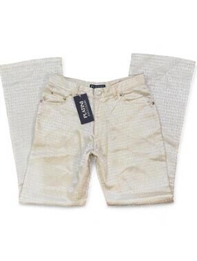Deadstock Platini cream jacquard logo pants. Size 27.